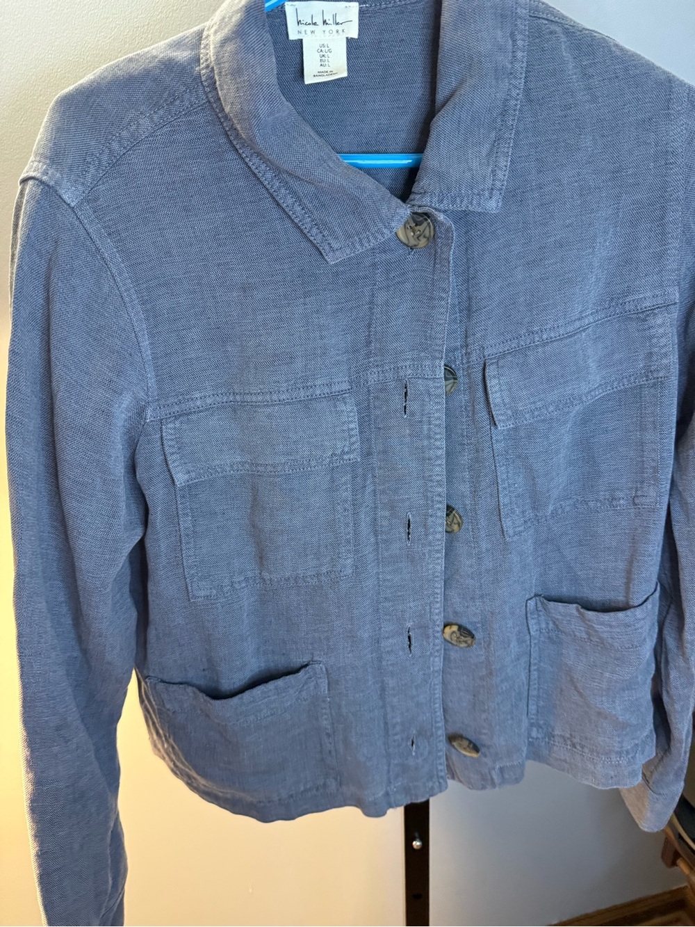 Nicole Miller Blue Linen-Blend Button Front Jacket